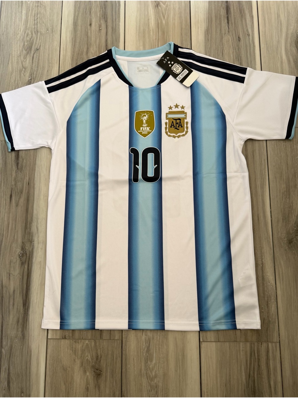 (L) size Argentina Blue and White Striped Soccer Jersey - #10